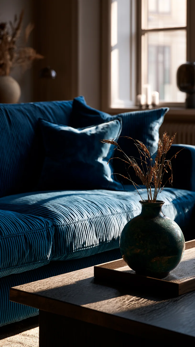 simple warm ceramic vase styled near a blue couch, photo 4 of 4