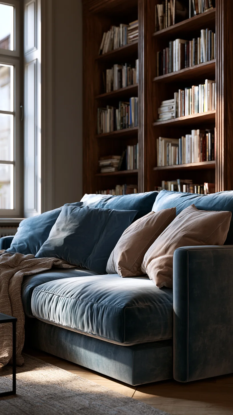 warm wood shelving with books behind a blue couch, photo 1 of 4