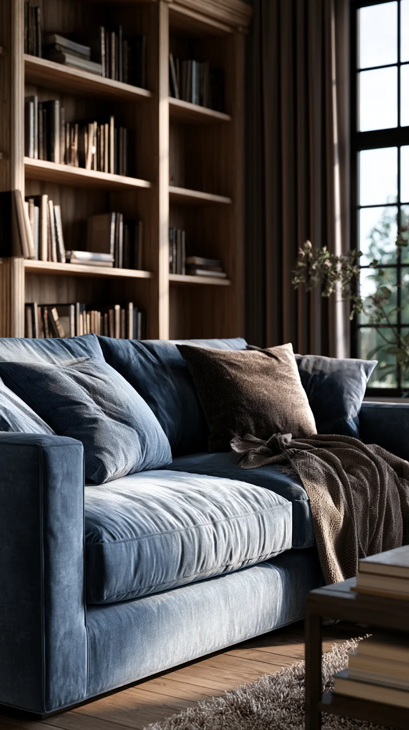 warm wood shelving with books behind a blue couch, photo 2 of 4