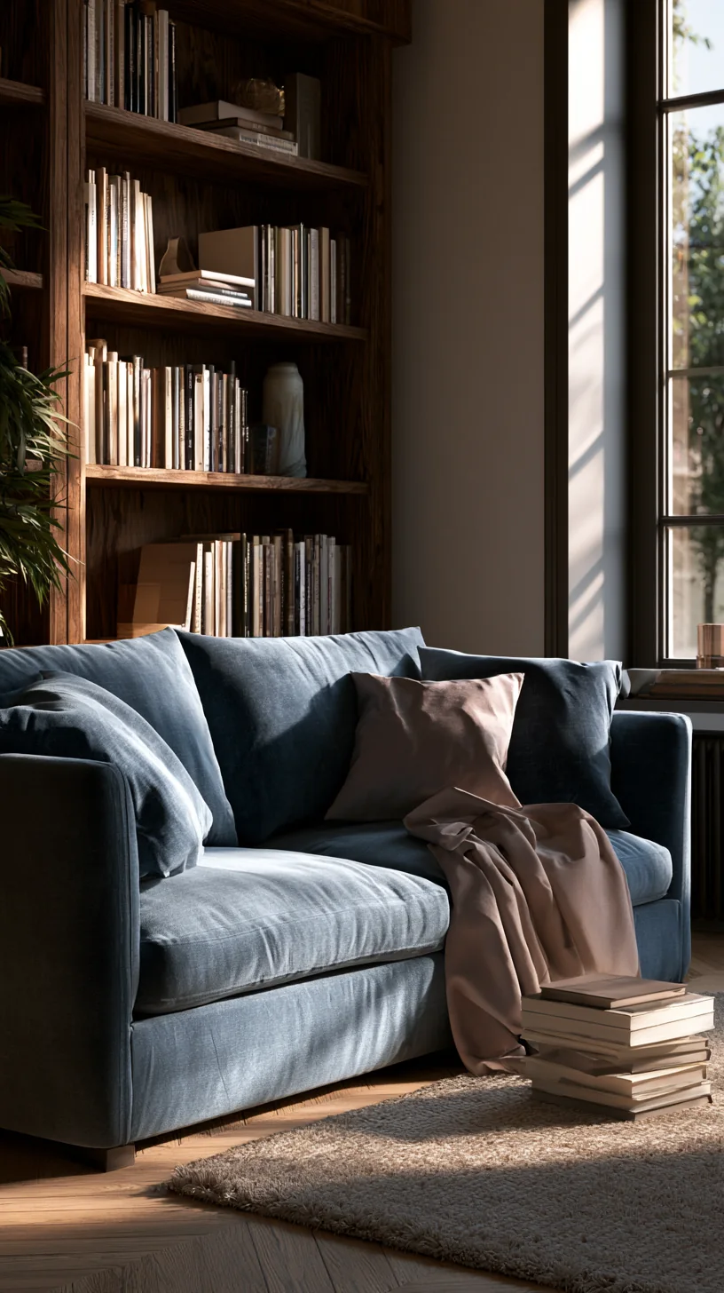warm wood shelving with books behind a blue couch, photo 3 of 4