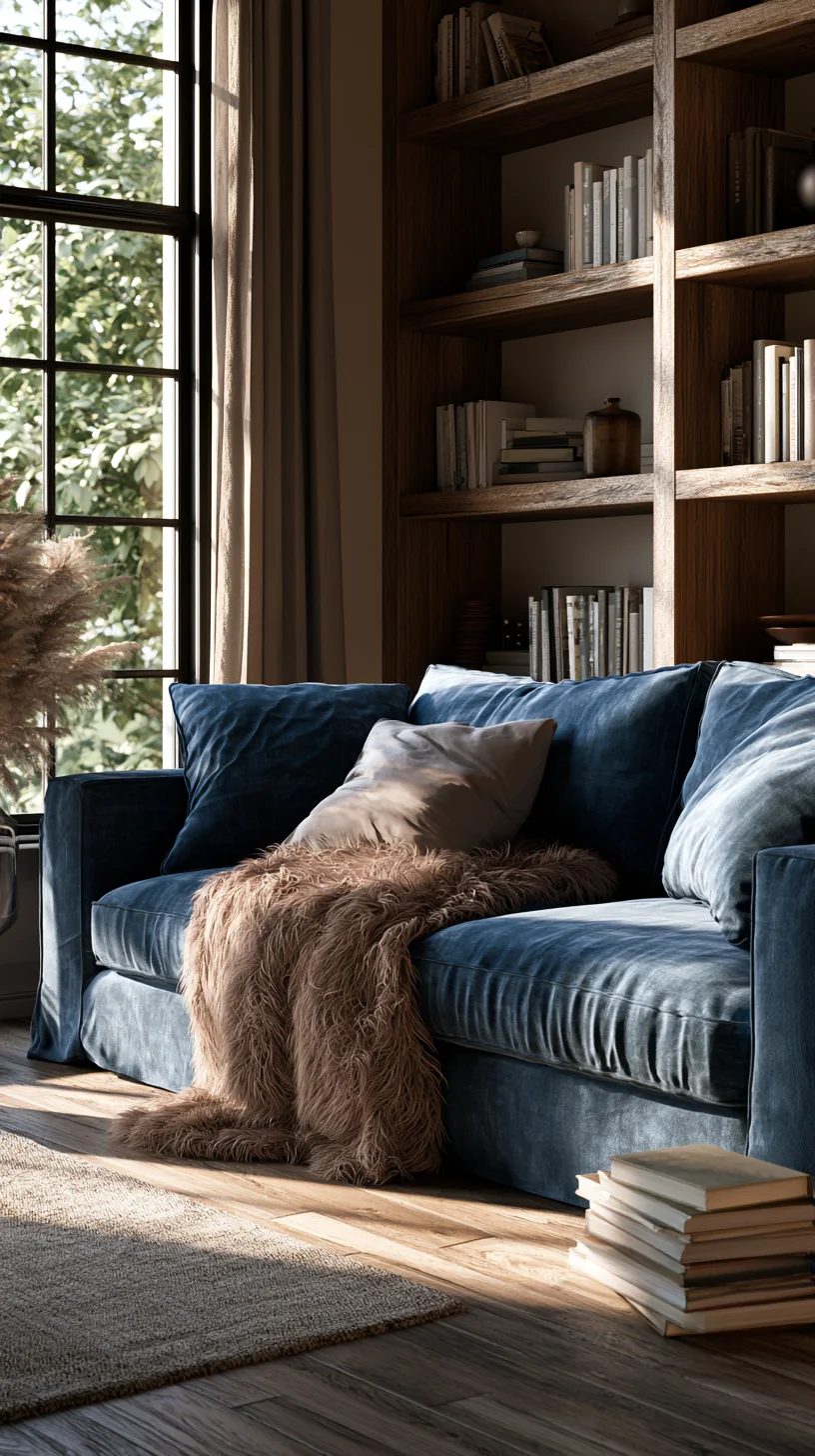 warm wood shelving with books behind a blue couch, photo 4 of 4