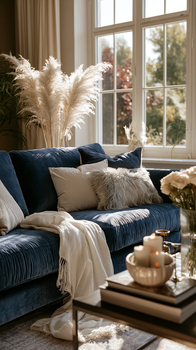 airy blue couch living room with light walls and open space, photo 1 of 4