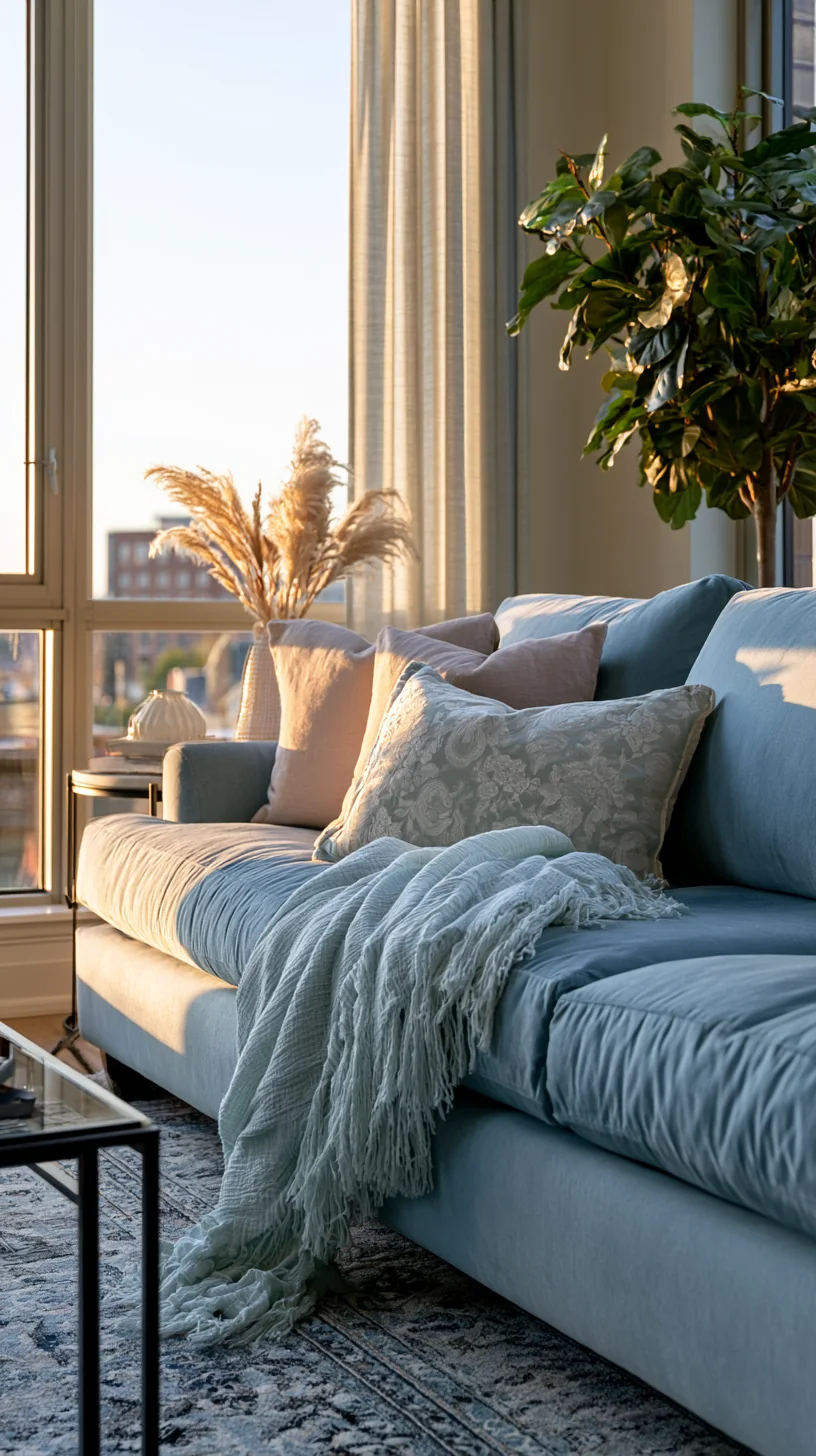 airy blue couch living room with light walls and open space, photo 2 of 4