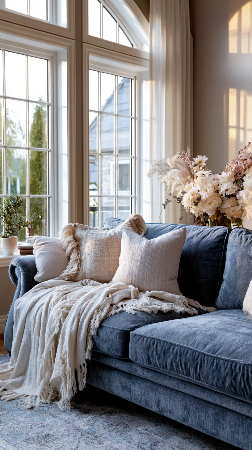 airy blue couch living room with light walls and open space, photo 3 of 4