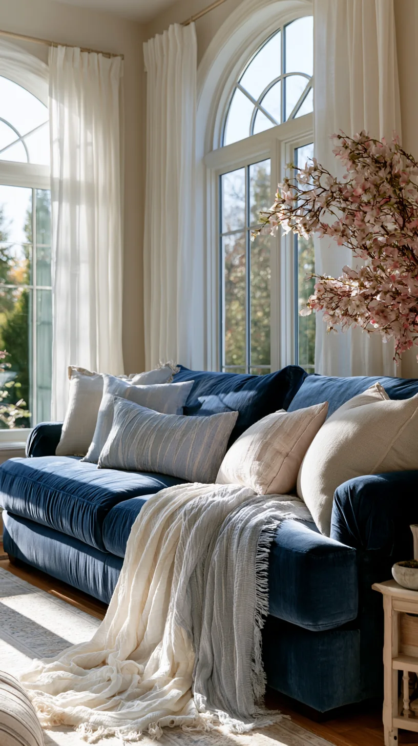 airy blue couch living room with light walls and open space, photo 4 of 4