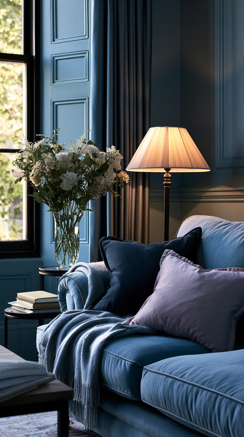 cozy reading nook at one end of a blue couch, photo 1 of 4