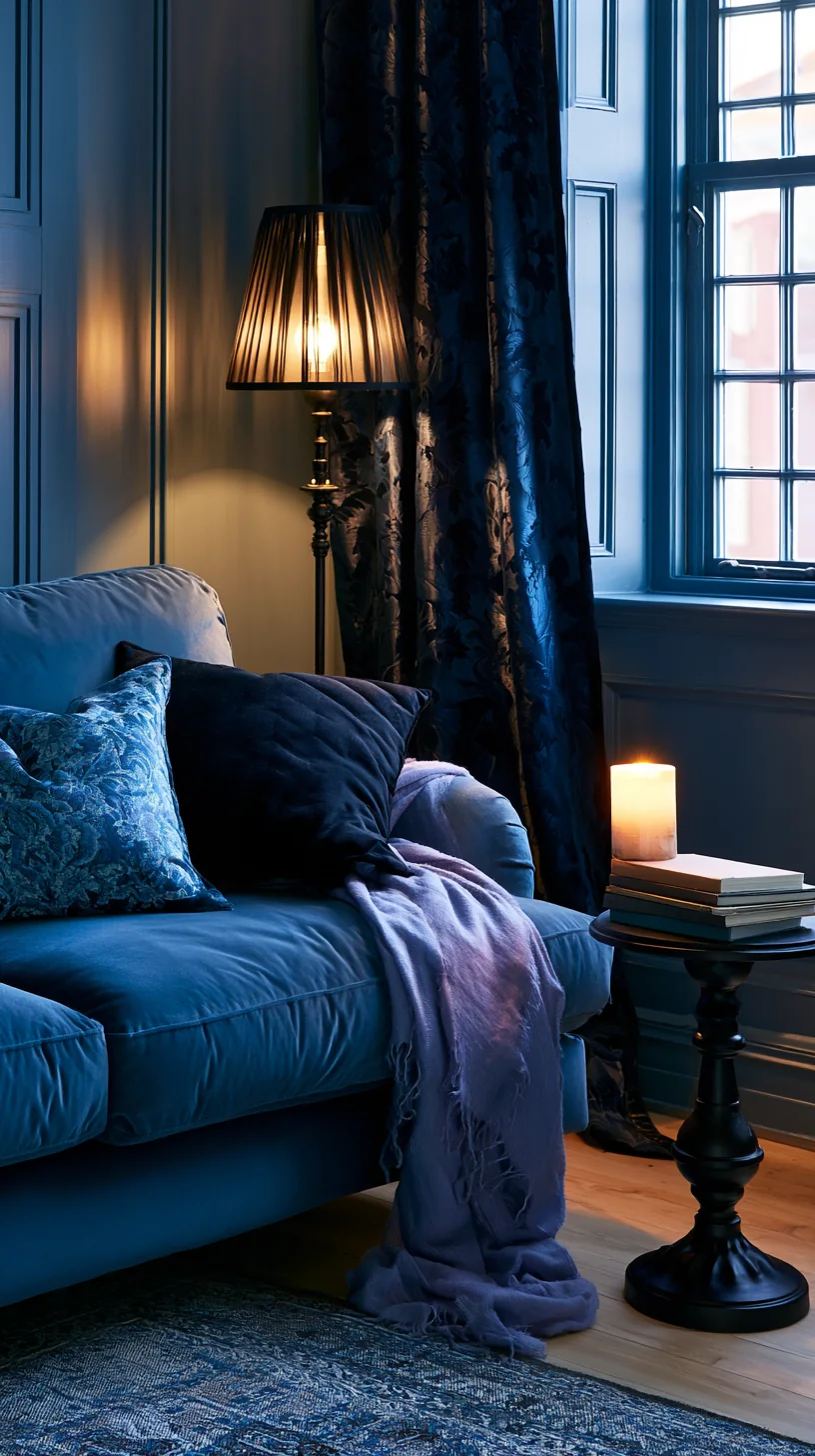 cozy reading nook at one end of a blue couch, photo 2 of 4