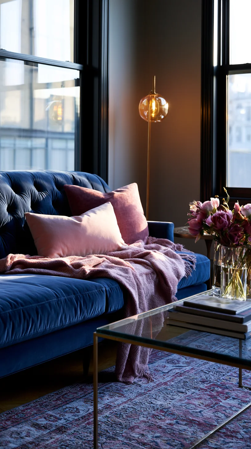 cozy reading nook at one end of a blue couch, photo 3 of 4