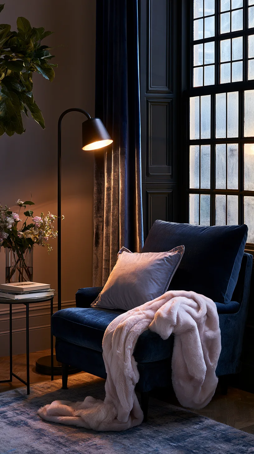 cozy reading nook at one end of a blue couch, photo 4 of 4