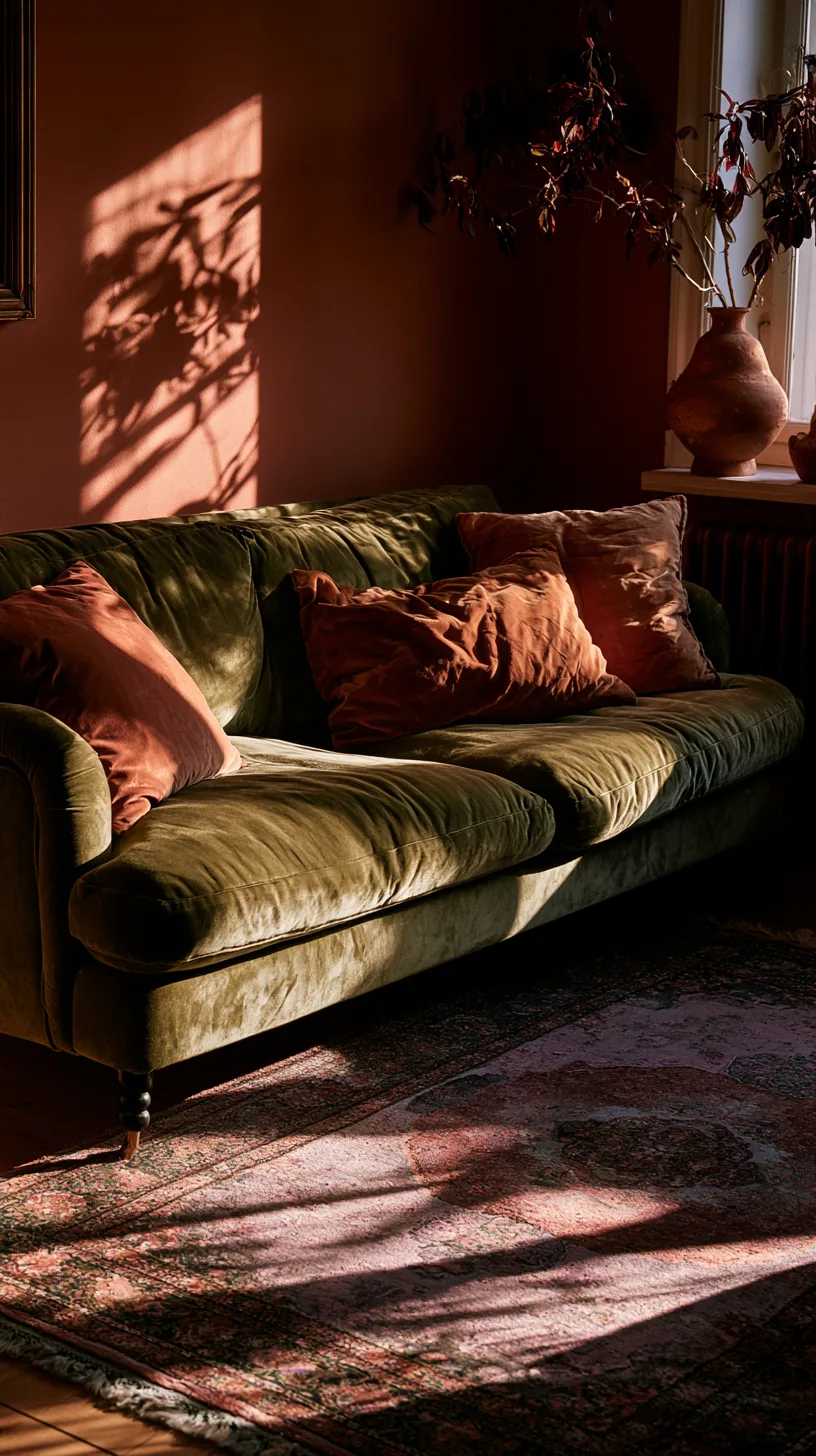 olive green velvet sofa with terracotta walls and rust cushions in warm earthy light, photo 1 of 4