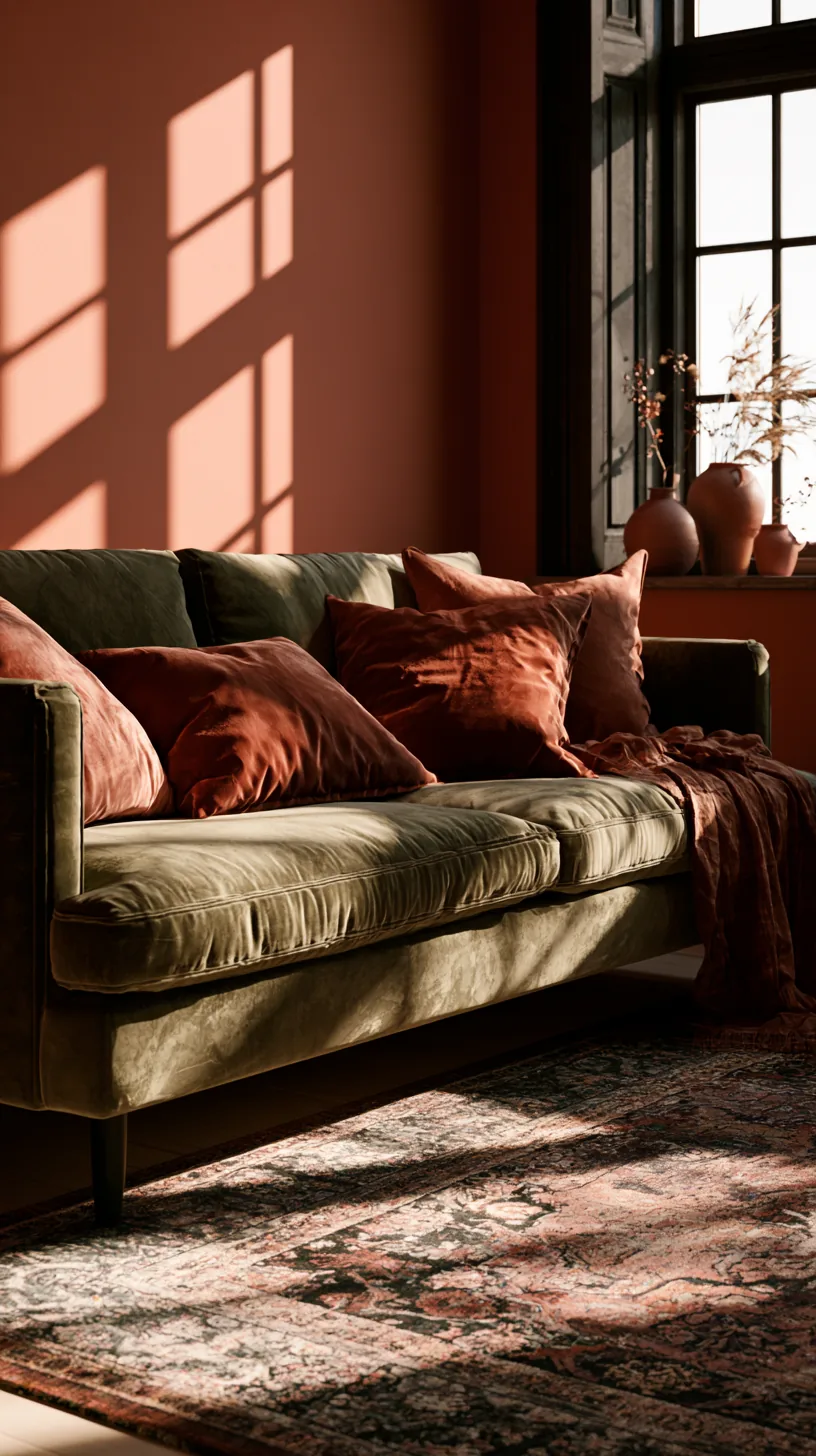olive green sofa with rust velvet pillows and clay pottery by a sunlit window, photo 2 of 4