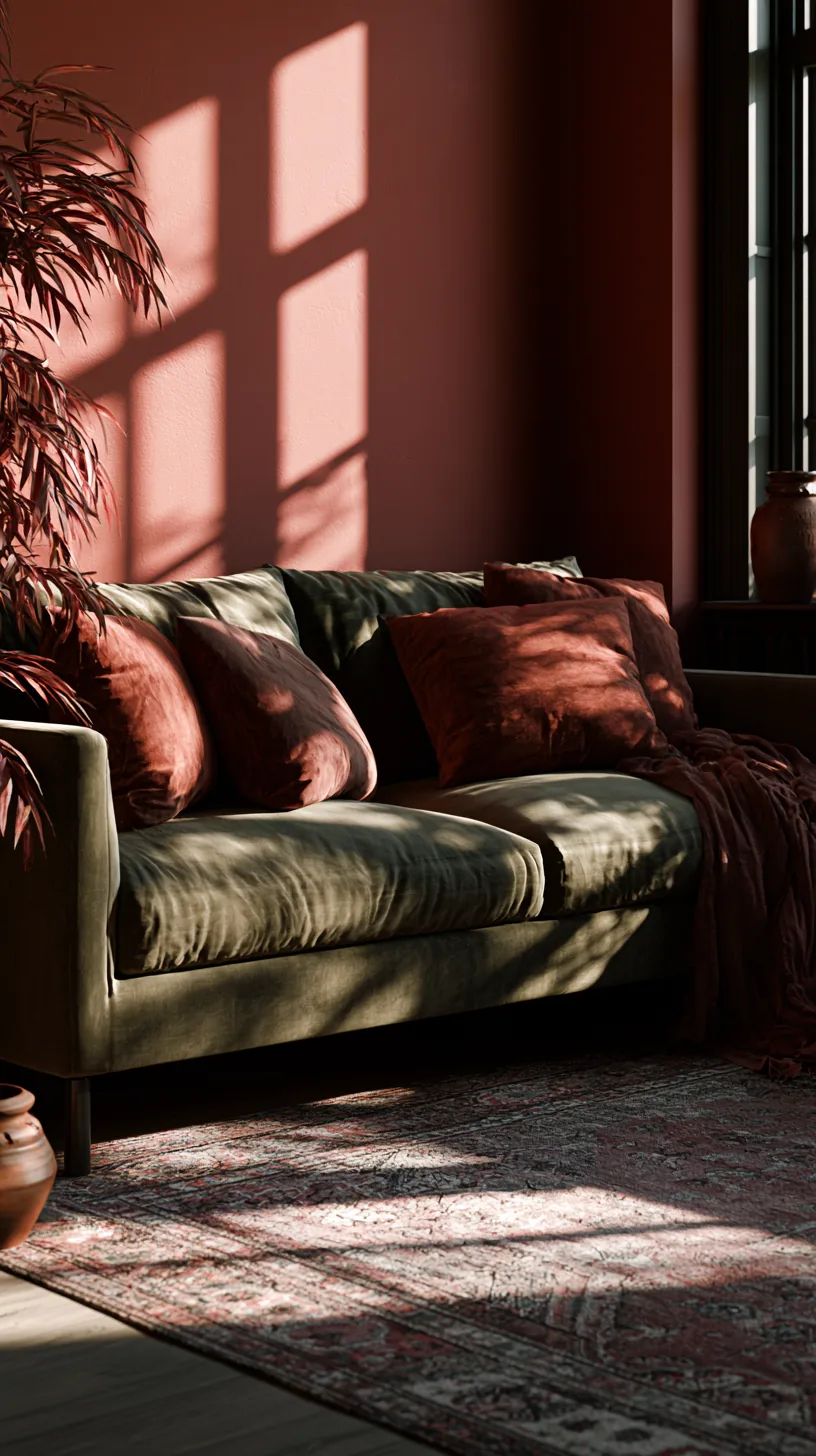 olive green sofa in a terracotta living room with rust cushions and an earthy patterned rug, photo 3 of 4