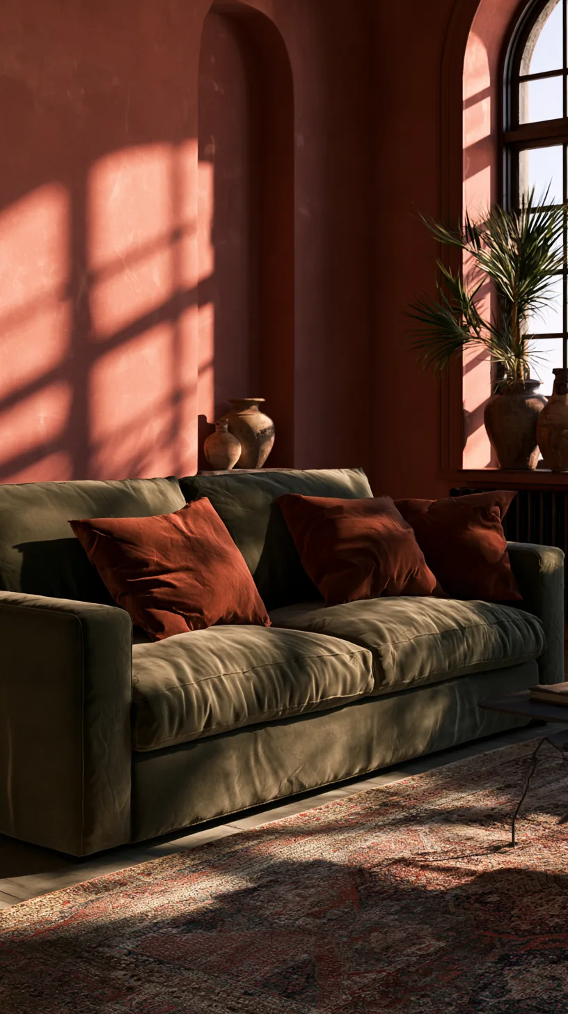 olive green sofa with rust cushions, terracotta walls and clay vases in a warm earthy space, photo 4 of 4