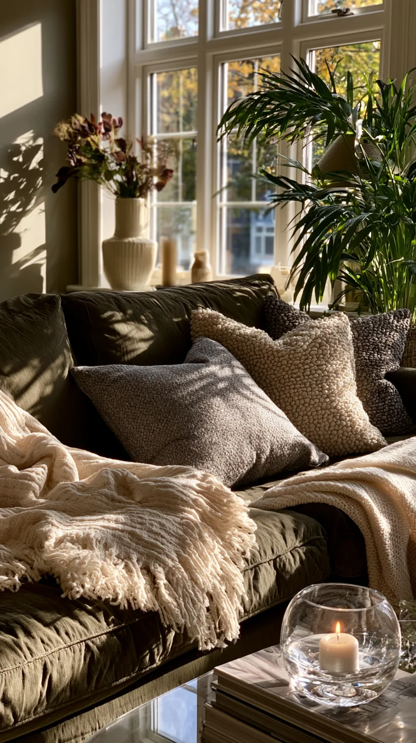 olive green sofa styled with cream boucle chair and ivory textured pillows, photo 1 of 4