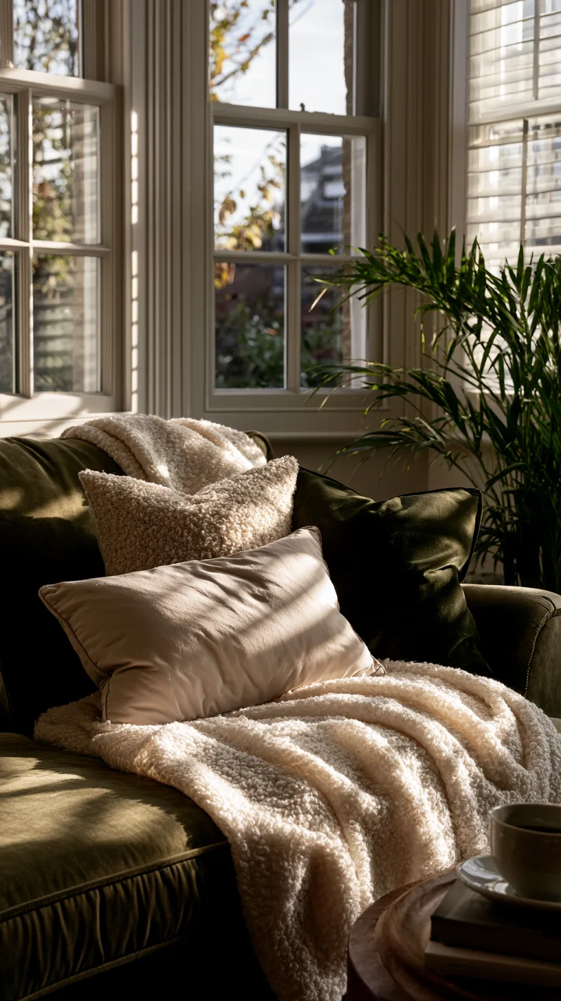 olive green sofa styled with cream boucle chair and ivory textured pillows, photo 2 of 4