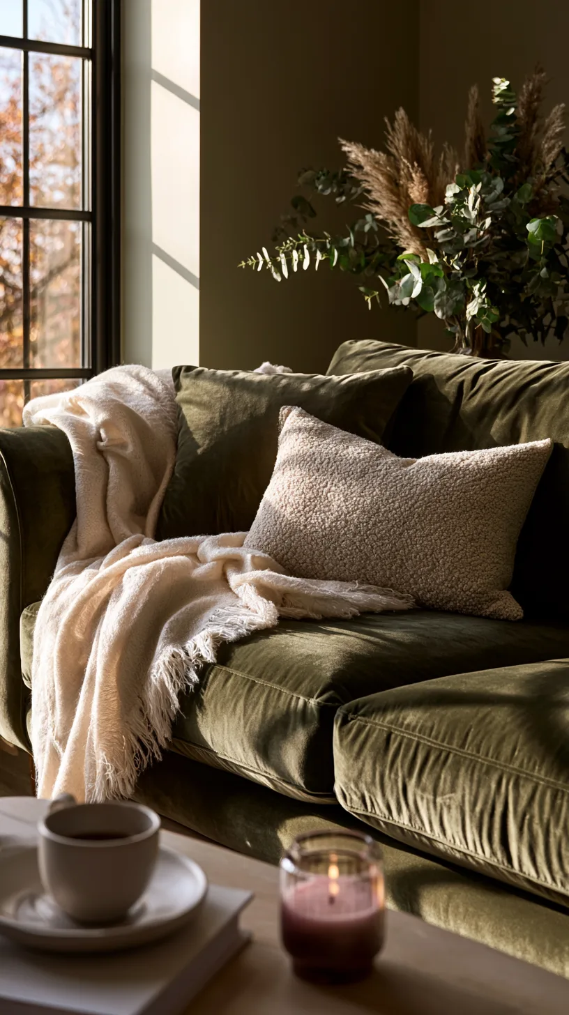 olive green sofa styled with cream boucle chair and ivory textured pillows, photo 3 of 4