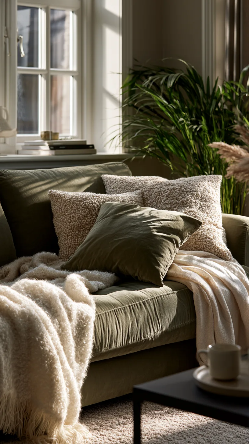 olive green sofa styled with cream boucle chair and ivory textured pillows, photo 4 of 4