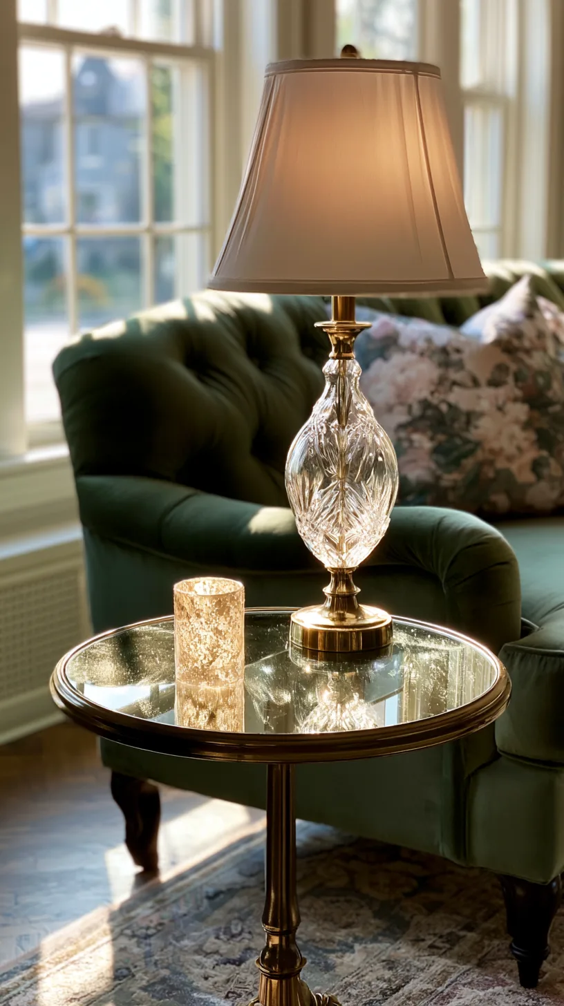 olive green sofa with brass candle holders and warm gold metallic accents, photo 1 of 4