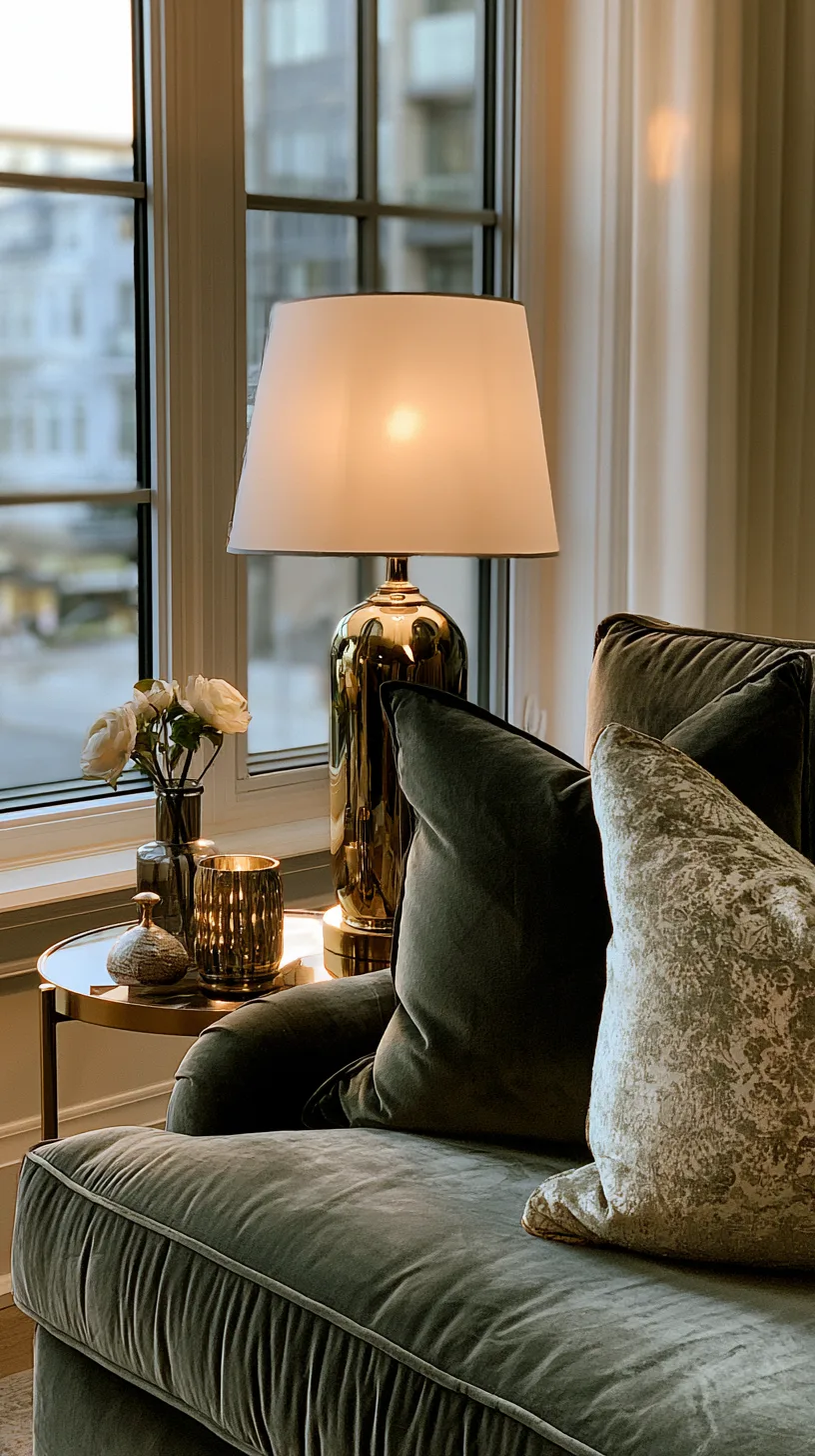 olive green sofa with brass candle holders and warm gold metallic accents, photo 2 of 4