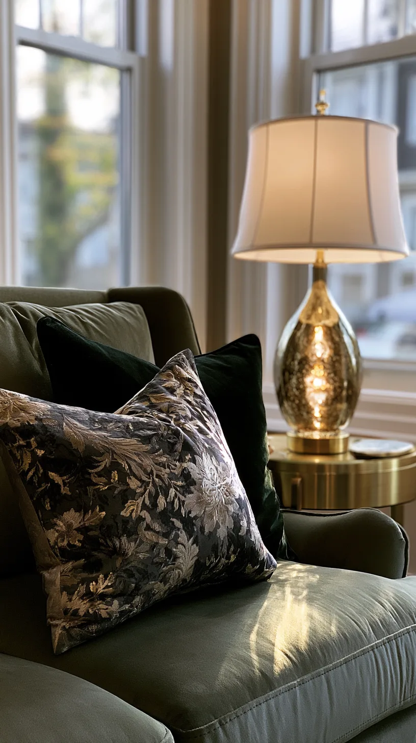 olive green sofa with brass candle holders and warm gold metallic accents, photo 3 of 4
