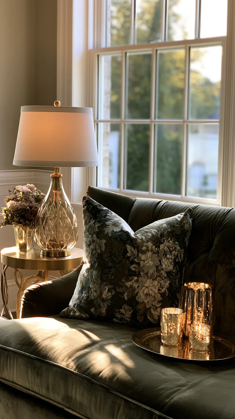 olive green sofa with brass candle holders and warm gold metallic accents, photo 4 of 4