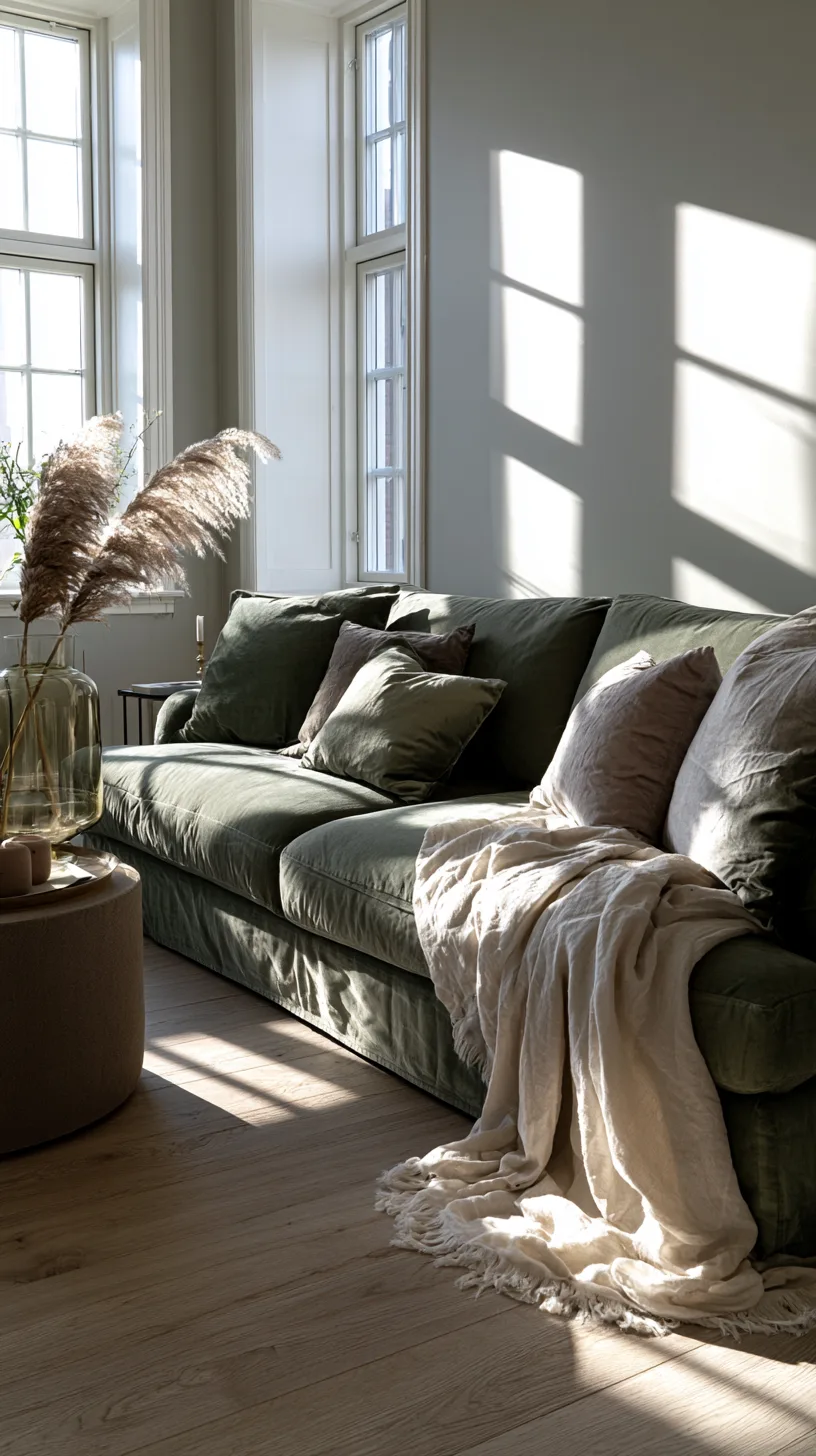 olive green sofa in a scandi living room with layered gray white and pale wood neutrals, photo 1 of 4