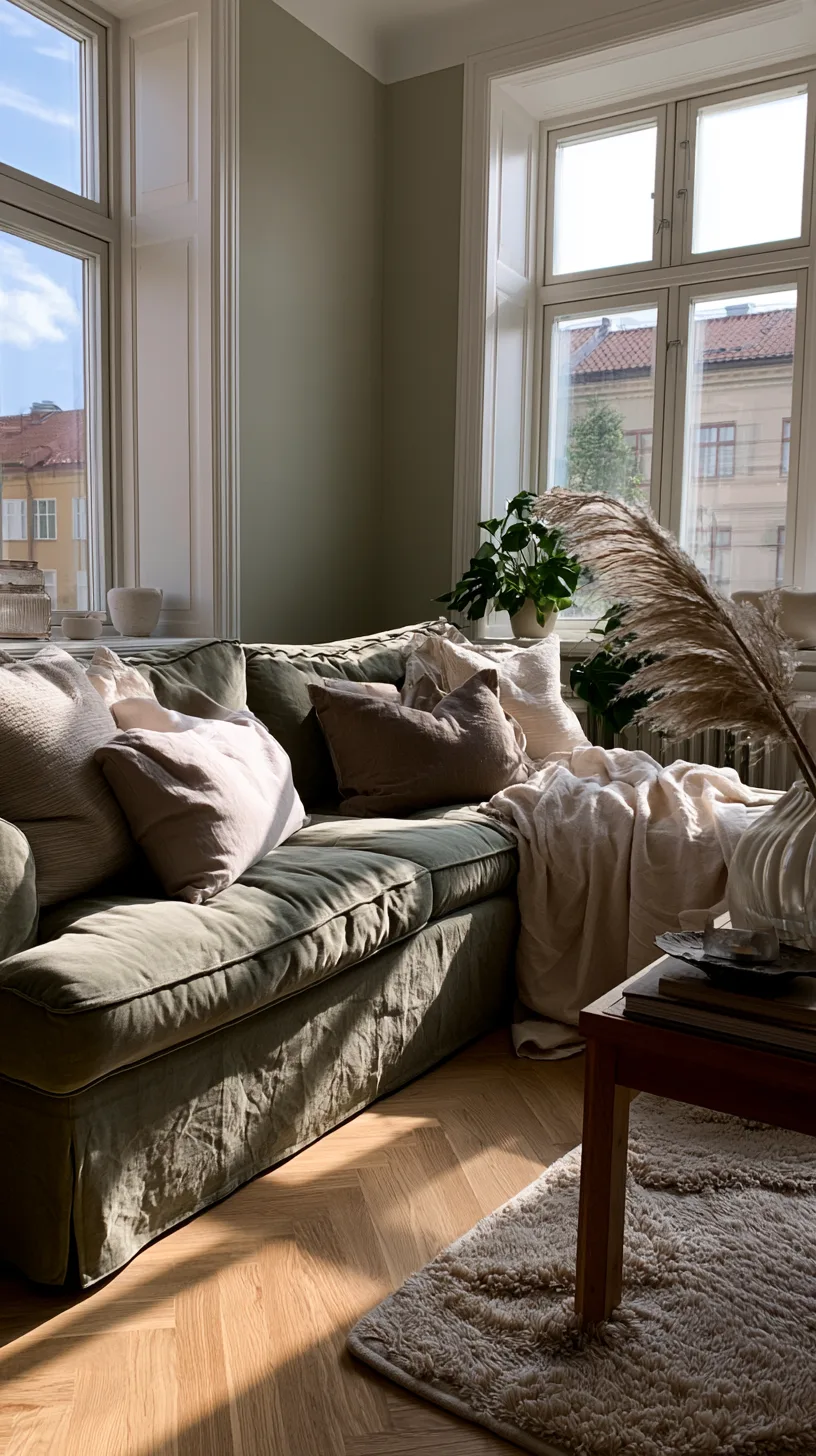 olive green sofa in a scandi living room with layered gray white and pale wood neutrals, photo 2 of 4