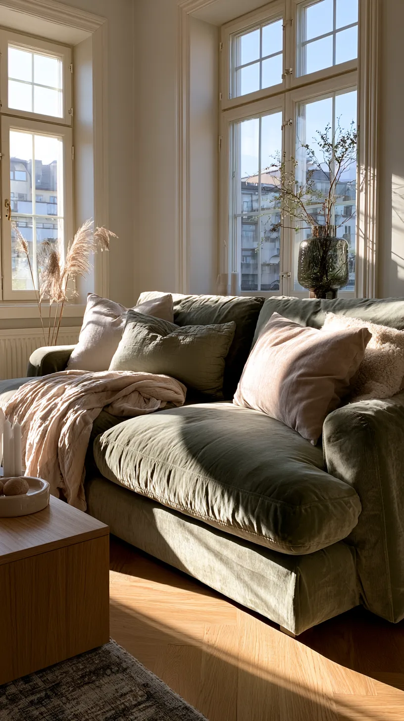 olive green sofa in a scandi living room with layered gray white and pale wood neutrals, photo 3 of 4