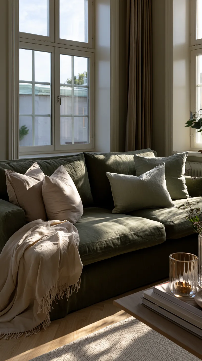 olive green sofa in a scandi living room with layered gray white and pale wood neutrals, photo 4 of 4
