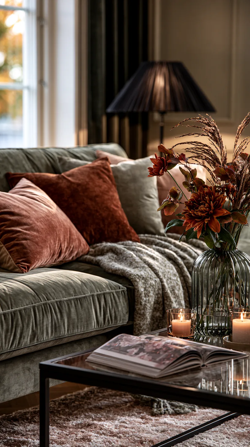 olive green sofa with rust colored rug and burnt orange pillows in a cozy fall toned room, photo 1 of 4