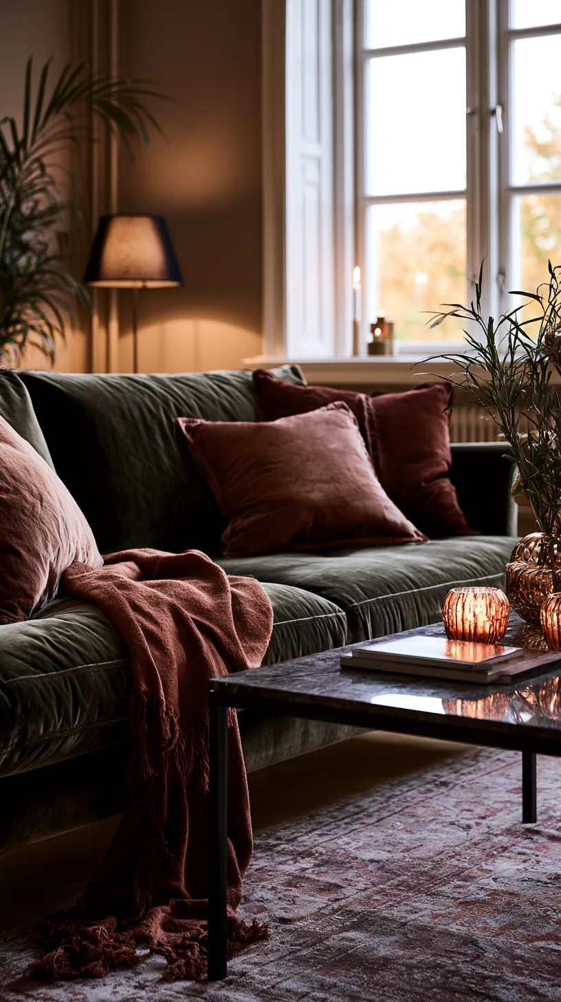 olive green sofa with rust colored rug and burnt orange pillows in a cozy fall toned room, photo 2 of 4