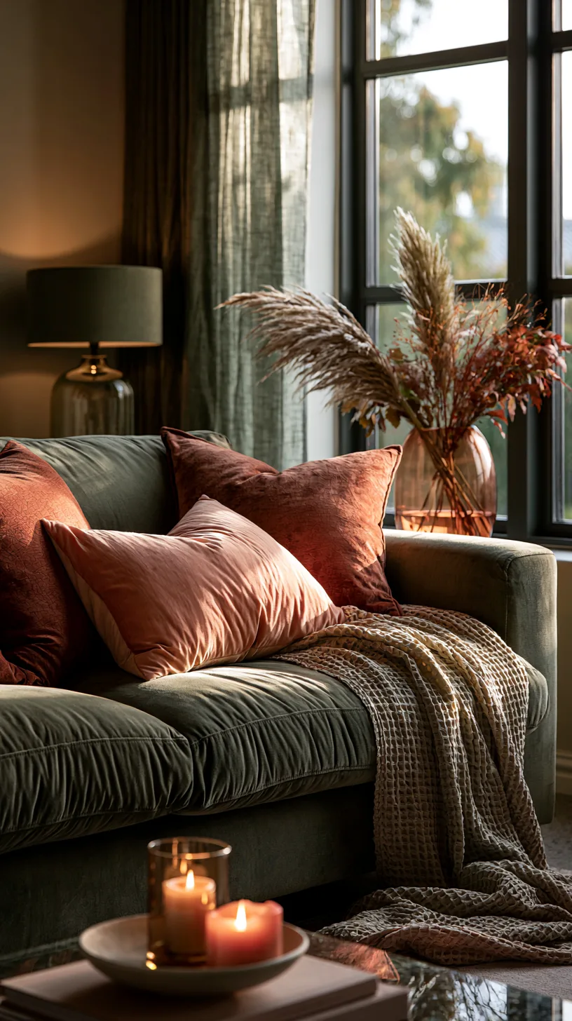 olive green sofa with rust colored rug and burnt orange pillows in a cozy fall toned room, photo 3 of 4