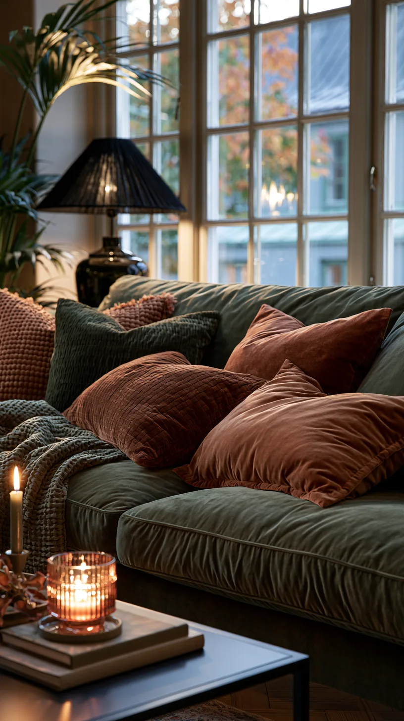 olive green sofa with rust colored rug and burnt orange pillows in a cozy fall toned room, photo 4 of 4