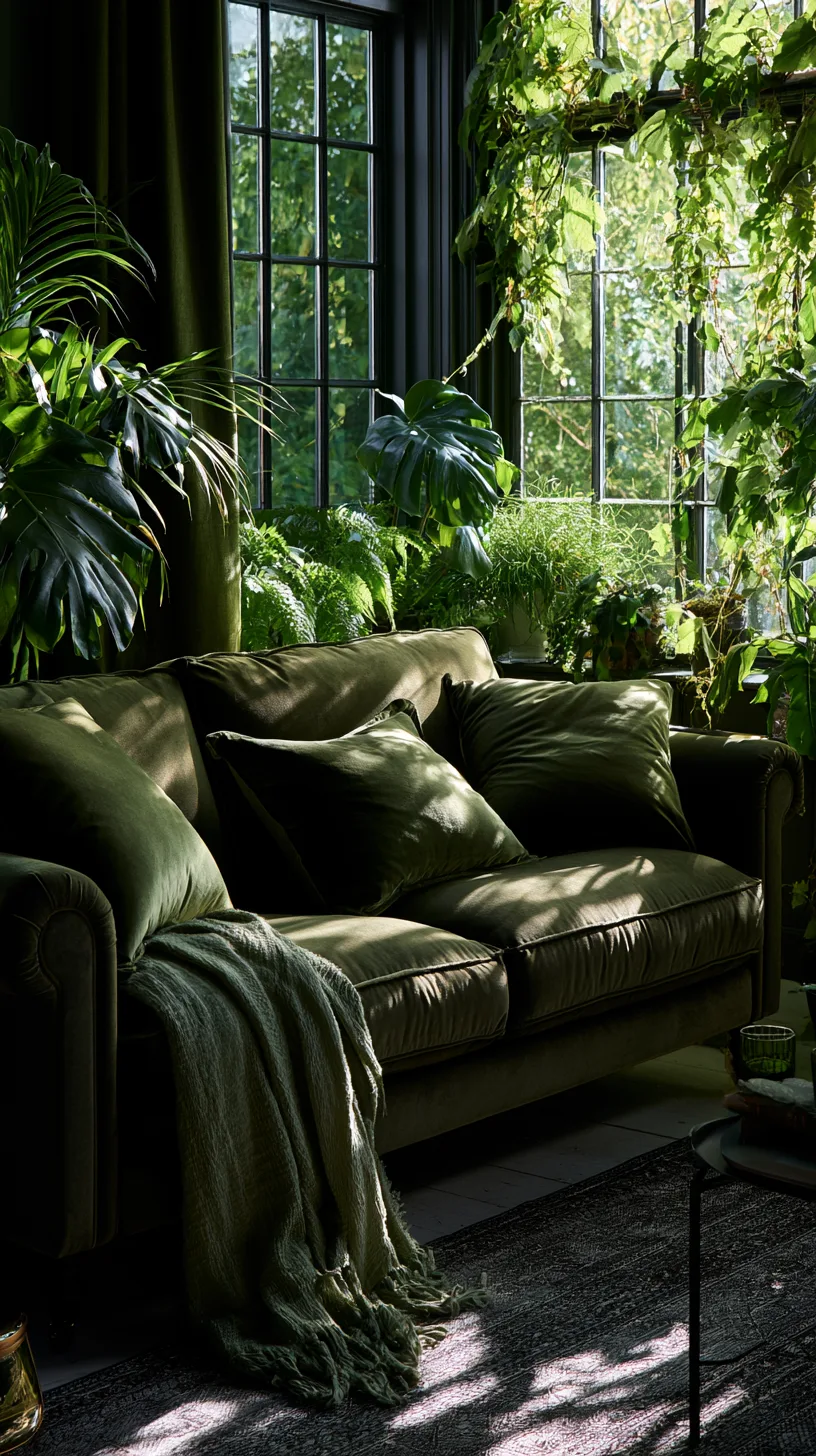 olive green sofa surrounded by houseplants in a green on green botanical living room, photo 1 of 4