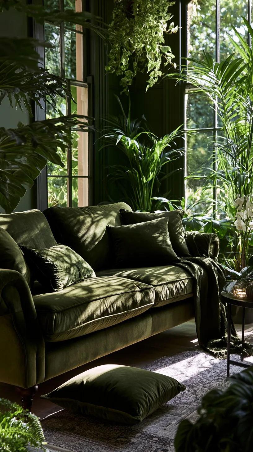 olive green sofa surrounded by houseplants in a green on green botanical living room, photo 2 of 4