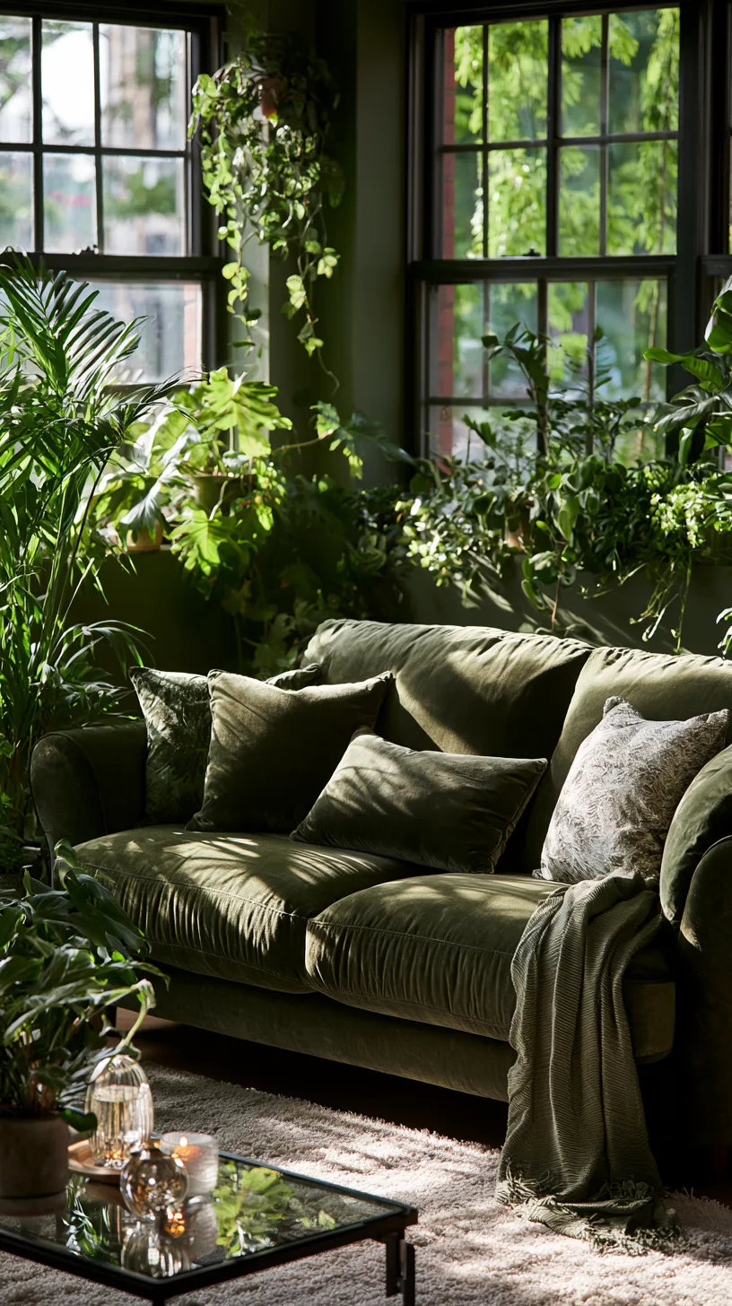 olive green sofa surrounded by houseplants in a green on green botanical living room, photo 3 of 4