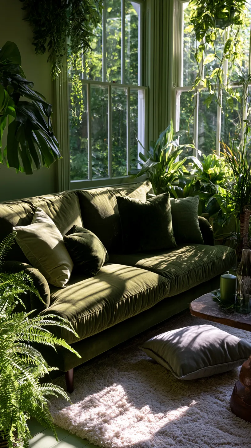 olive green sofa surrounded by houseplants in a green on green botanical living room, photo 4 of 4
