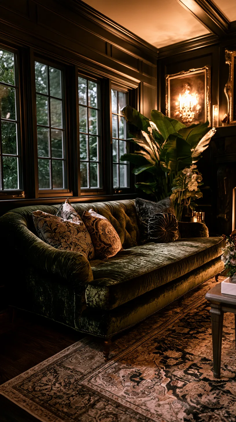 olive green velvet sofa styled with jewel tone pillows and vintage rug for old world glamour, photo 1 of 4