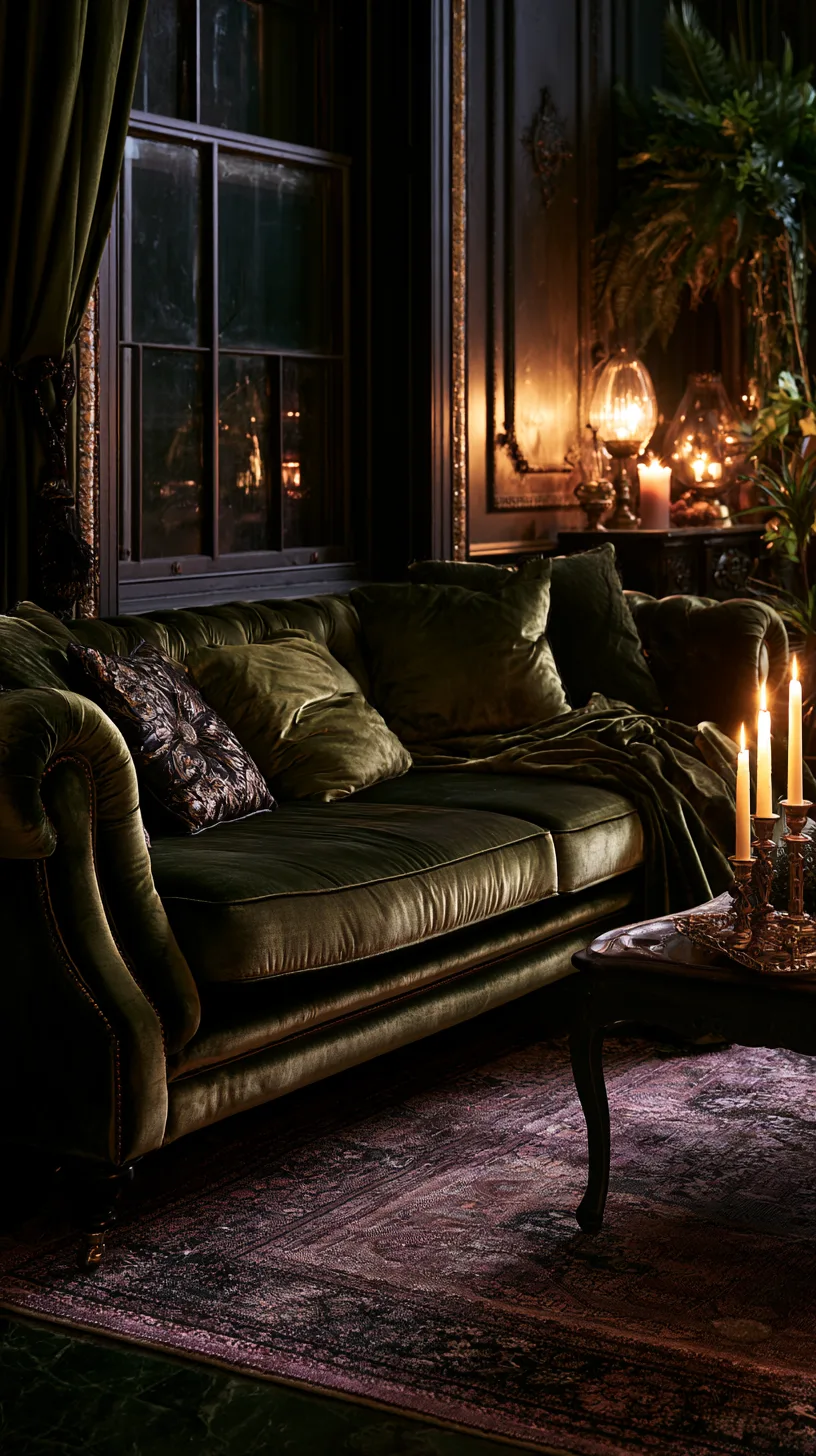 olive green velvet sofa styled with jewel tone pillows and vintage rug for old world glamour, photo 2 of 4