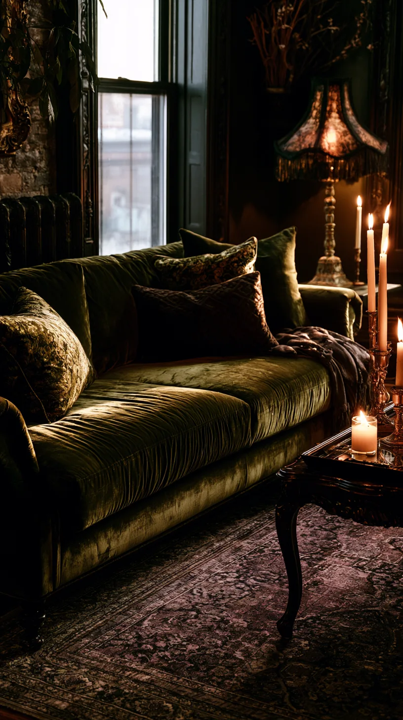 olive green velvet sofa styled with jewel tone pillows and vintage rug for old world glamour, photo 3 of 4