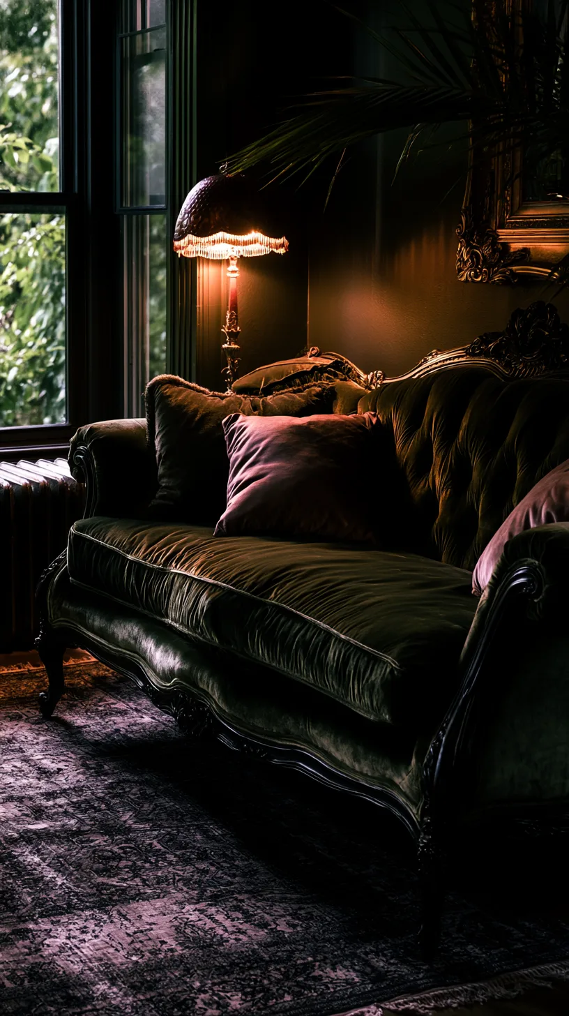 olive green velvet sofa styled with jewel tone pillows and vintage rug for old world glamour, photo 4 of 4