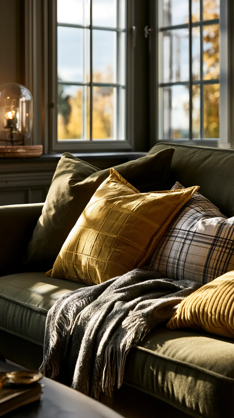 olive green sofa with mustard yellow pillows and an ochre throw for a warm cheerful room, photo 1 of 4