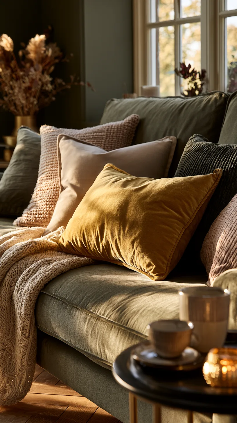 olive green sofa with mustard yellow pillows and an ochre throw for a warm cheerful room, photo 2 of 4