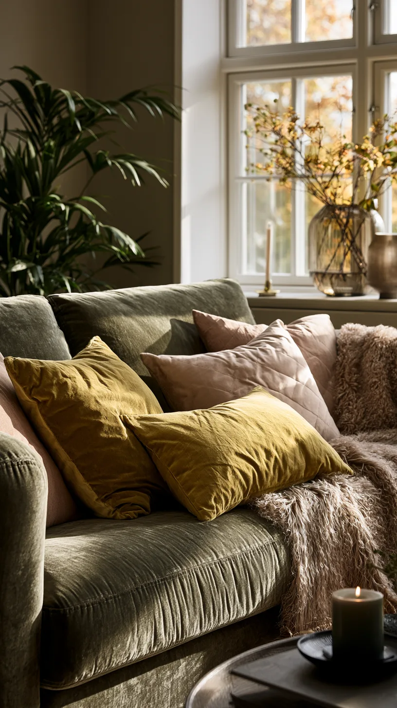 olive green sofa with mustard yellow pillows and an ochre throw for a warm cheerful room, photo 3 of 4