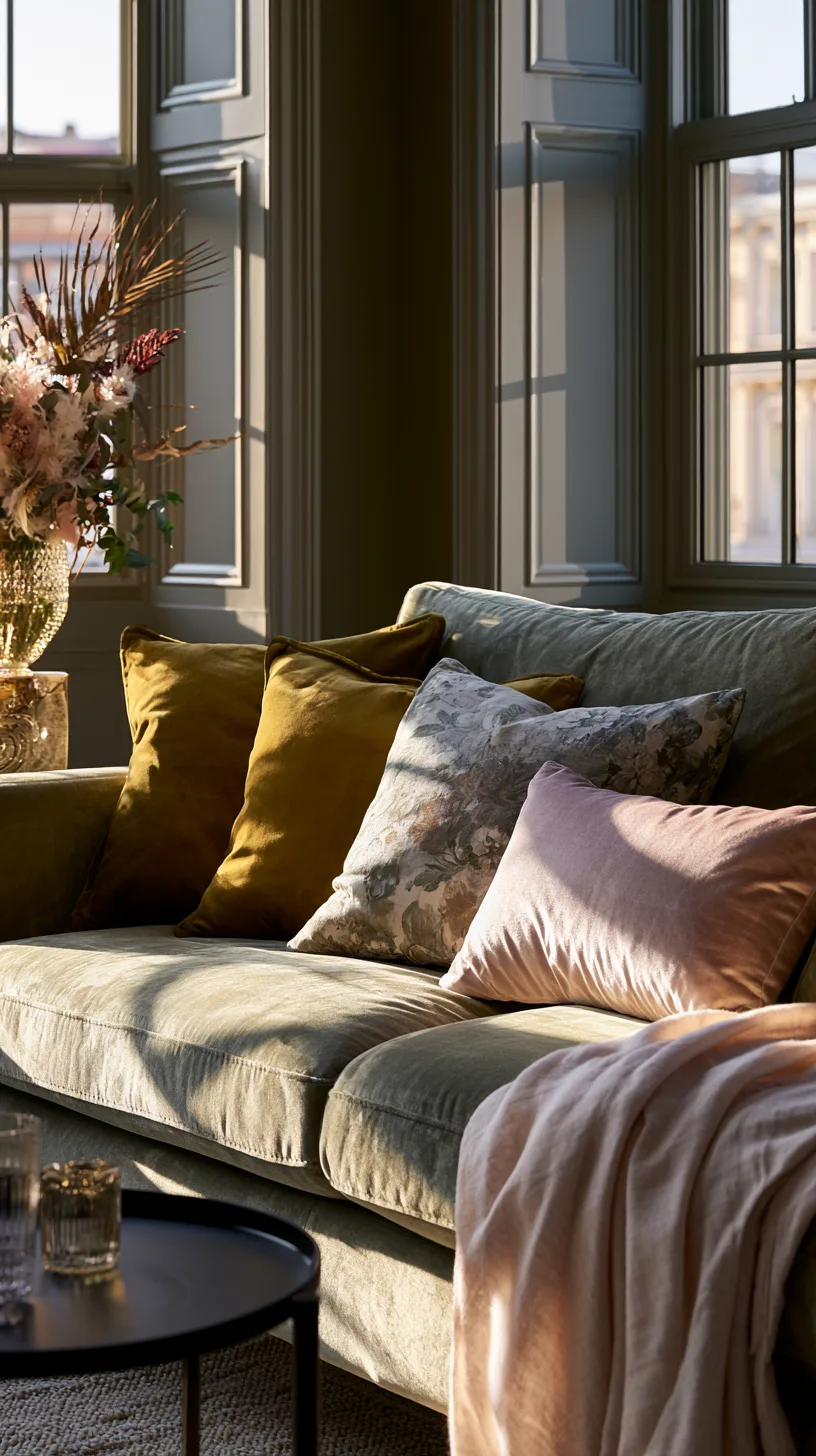 olive green sofa with mustard yellow pillows and an ochre throw for a warm cheerful room, photo 4 of 4