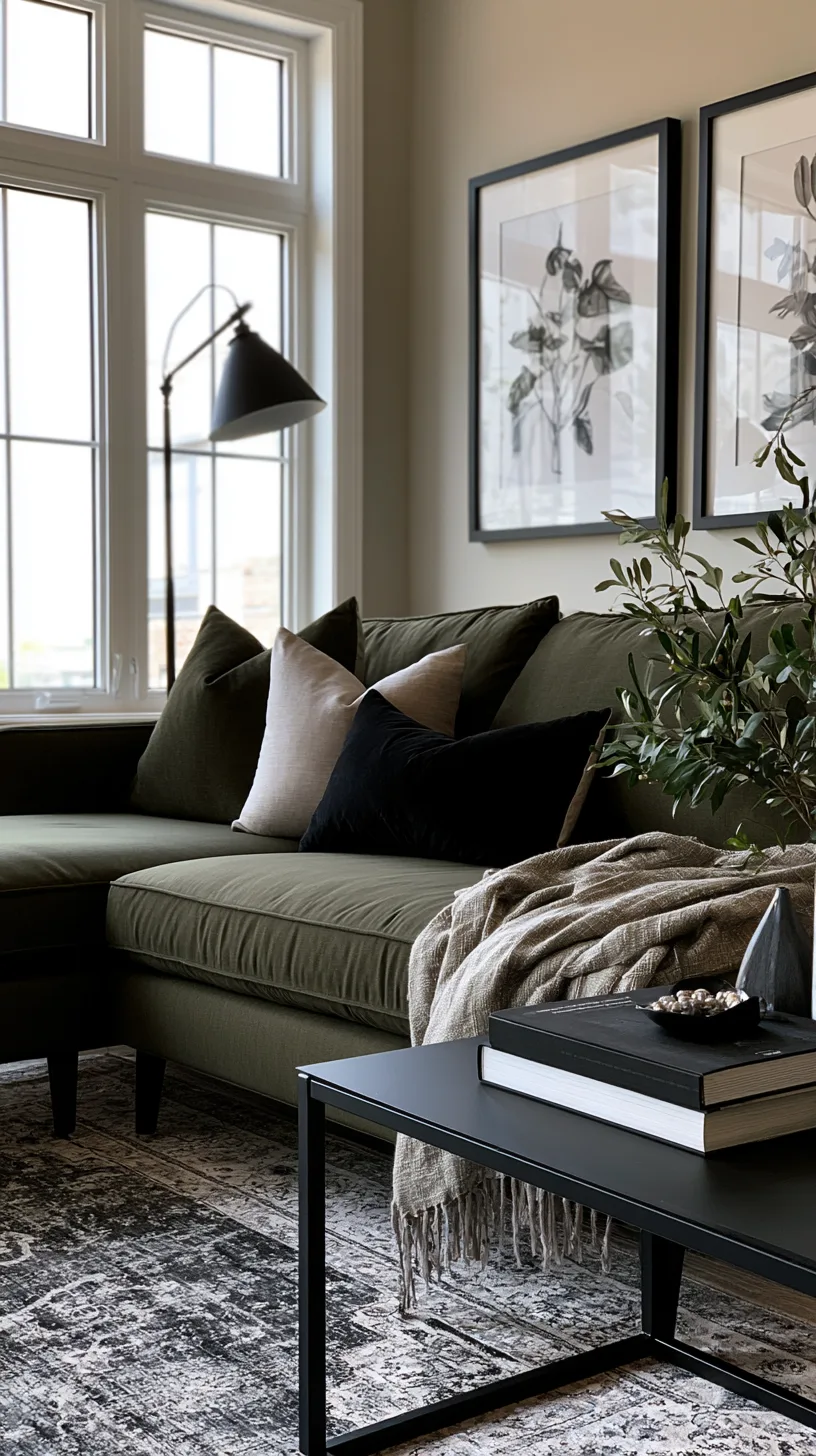 olive green sofa with black frames and slim iron lamp for a modern grounded living room, photo 1 of 4