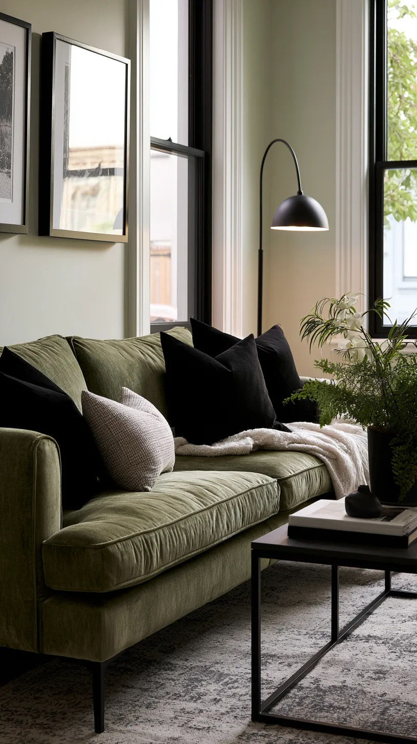 olive green sofa with black frames and slim iron lamp for a modern grounded living room, photo 2 of 4