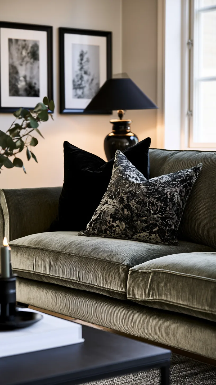 olive green sofa with black frames and slim iron lamp for a modern grounded living room, photo 3 of 4