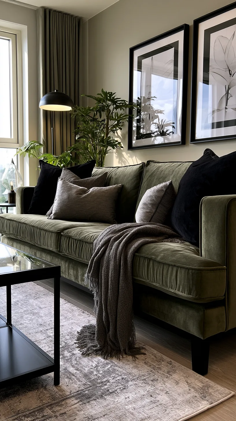 olive green sofa with black frames and slim iron lamp for a modern grounded living room, photo 4 of 4