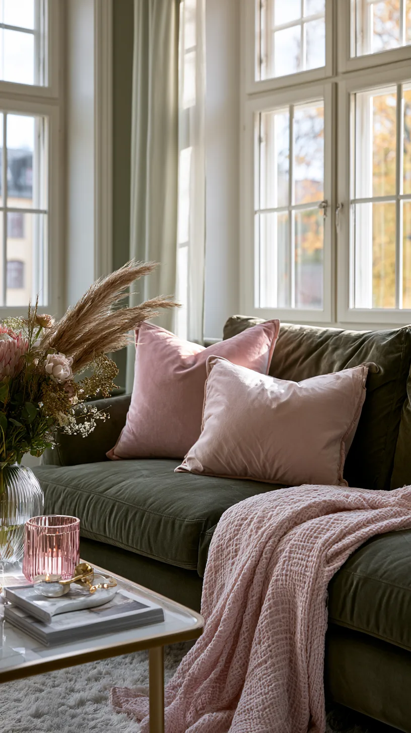 olive green sofa with dusty blush pink pillows and throw for a gentle balanced living room, photo 1 of 4
